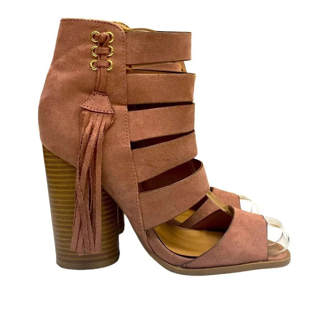 Qupid Dusty Rose Pink Suede Gladiator Open Toe Block Heel Women’s Size 5.5